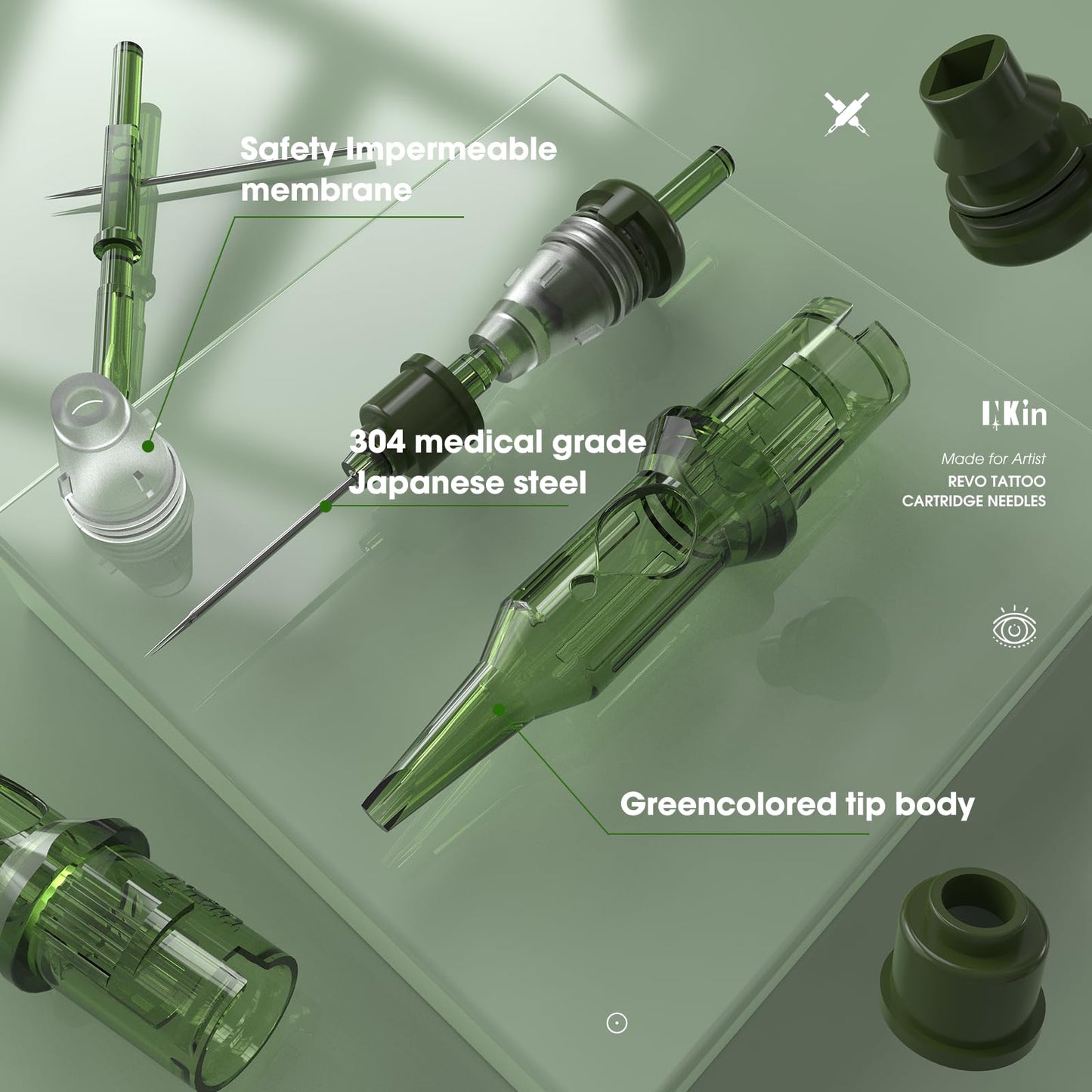 INKin REVO Tattoo Cartridge Needles 1RL, Single Cartridges Needles #08 Round Liner 0.25MM Bugpin Disposable Tattoo Needles With Re-Define Precision And Professional Membrane 20Pcs(R0801RL)