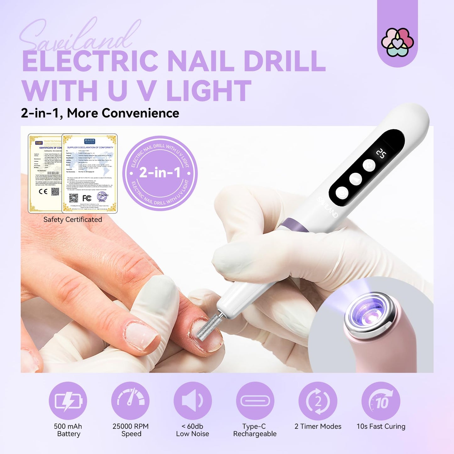 SAVILAND Cordless Nail Drill with U V Light: 25000 RPM Nail Drill Professional & U V Light for Removal & Solidification of Nails 2in1 for Home Nail Art Manicure Pedicure (White)