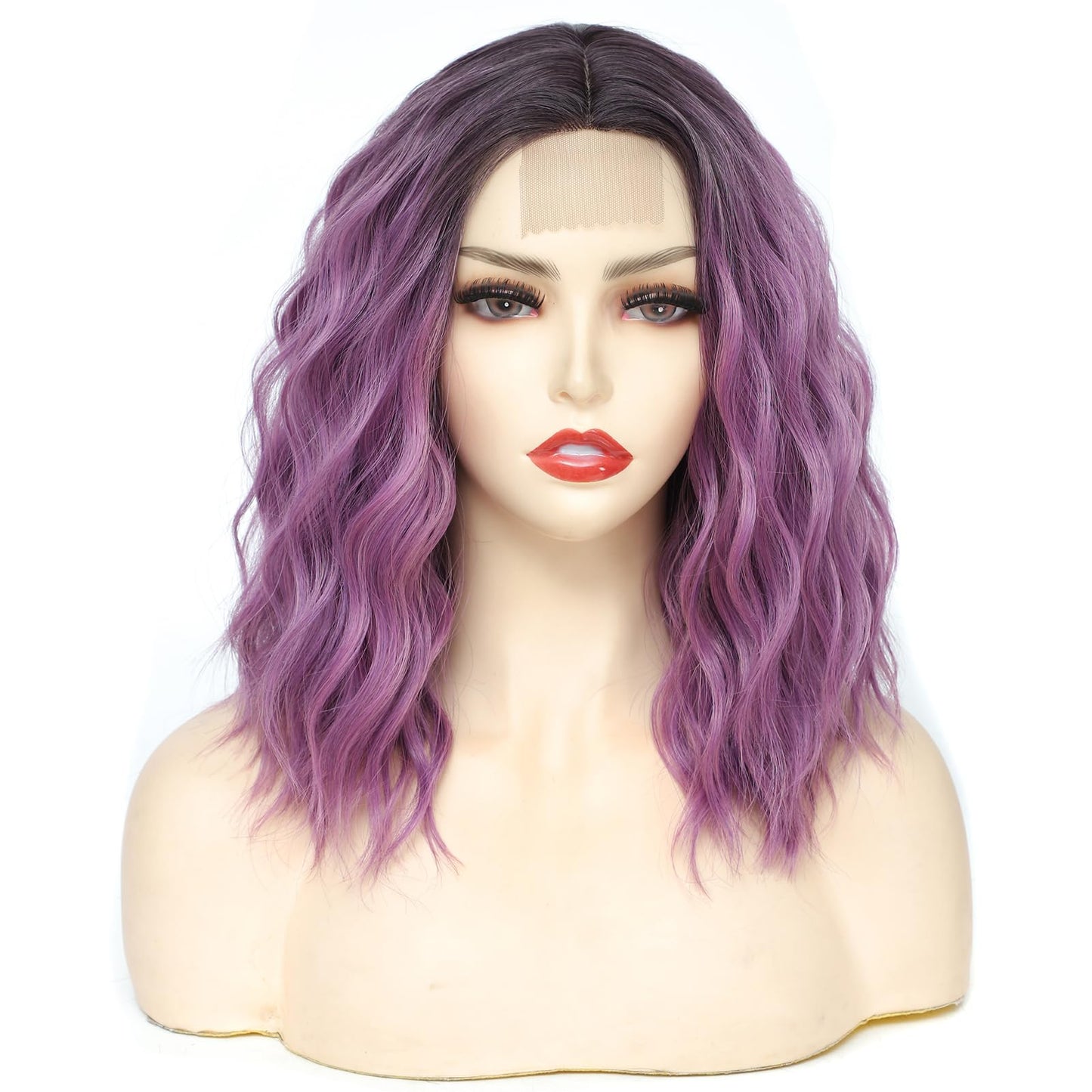 Rose bud Wavy Bob Wig Natural Wig Ombre Purple Synthetic Hair Shoulder Length Short Curly Middle Part Lace Front Wigs for Women