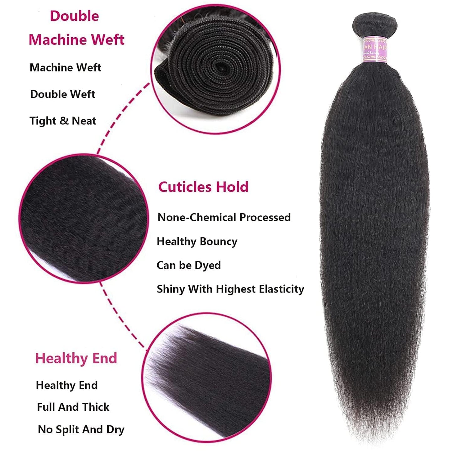 Kinky Straight Human Hair Bundles 22Inch Yaki Straight Human Hair Extensions 1 Bundles Unprocessed Brazilian Virgin Kinky Straight Human Hair For Black Women Natural Black