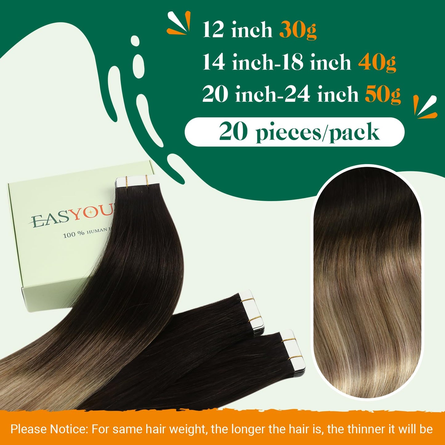 Easyouth Balayage Tape in Hair Extensions Human Hair Black Hair Extensions Real Human Hair Tape in Ombre Brown Tape ins Human Hair Extensions Brown Blonde #1b/8/22 20Inch 20Pcs 50g
