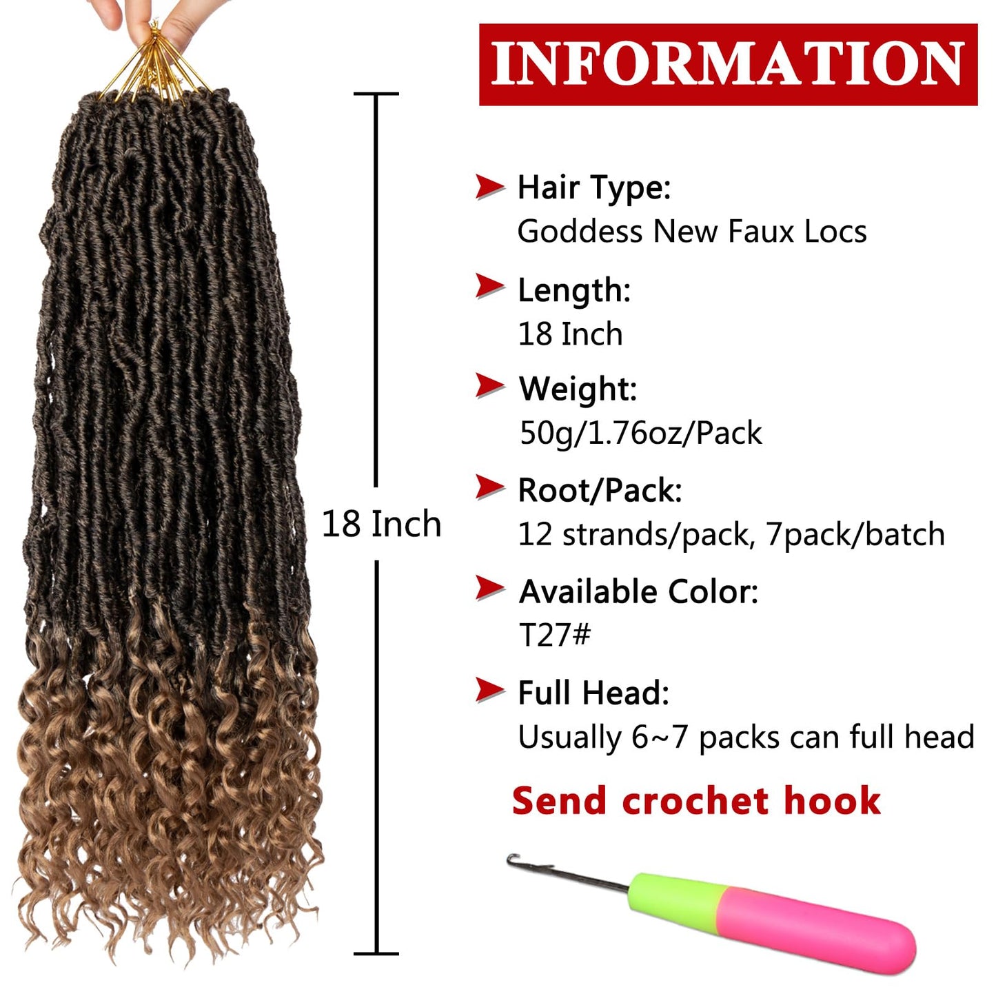 Xtrend 18 Inch New Faux Locs Crochet Braids With Curly Ends 7 Packs Soft Goddess Faux Locs Crochet Hair Natural Pre-looped Synthetic Crochet Braiding Hair for Women (12Strands/pack T27#)