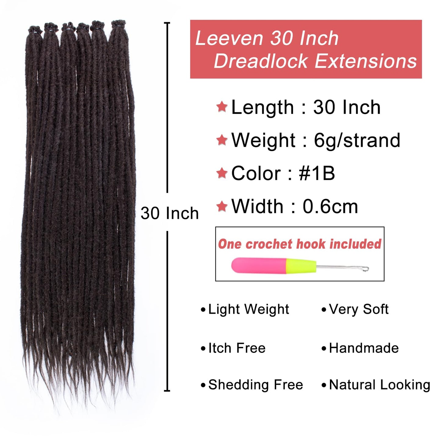 Leeven 30 Inch Synthetic Dreadlock Extensions 20 Strands Hippie Single Ended Dreads Chocolate Brown 0.6 cm Width Loc Extensions Reggae Style Crochet Hair for Women