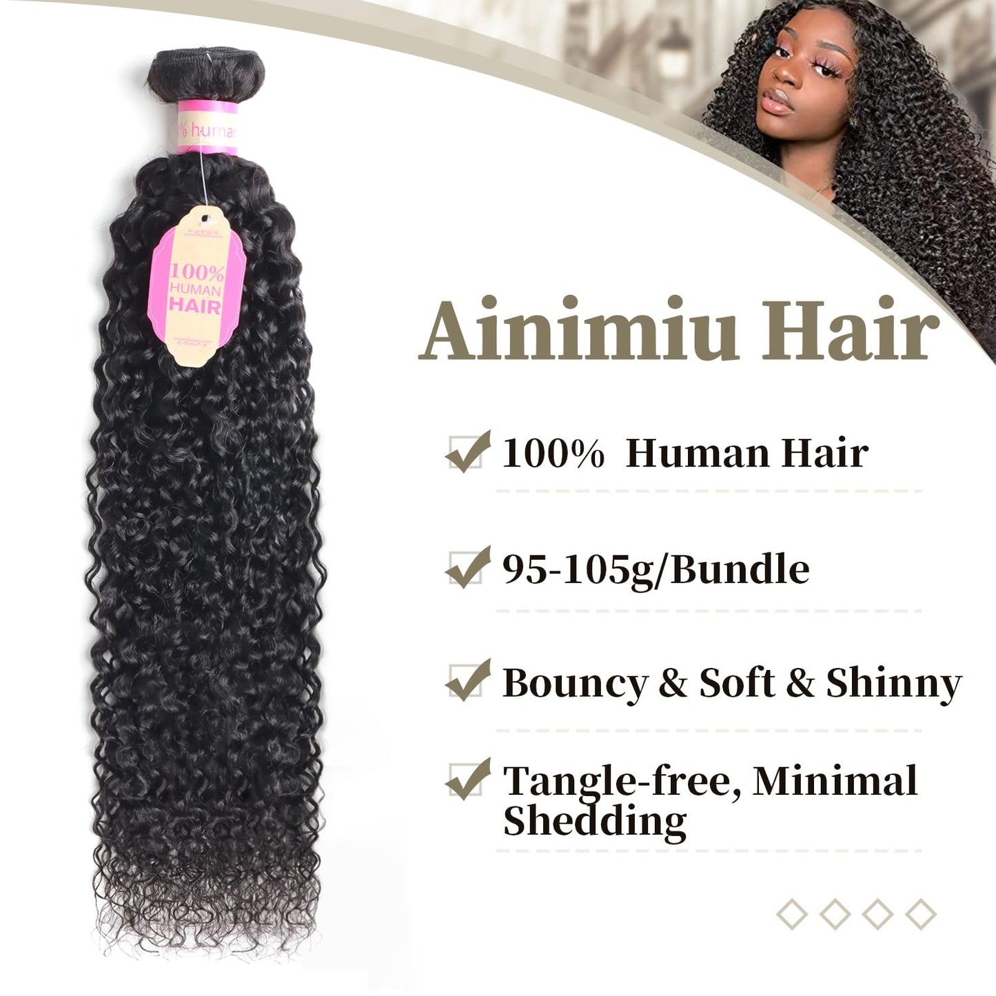 Ainimiu Curly Wave Human Hair Single Bundles Brazilian Virgin Hair Weave One Bundle Jerry Curly 12A Grade Unprocessed Hair Extensions Natural Black 1 Bundle 24inch 100g/pc