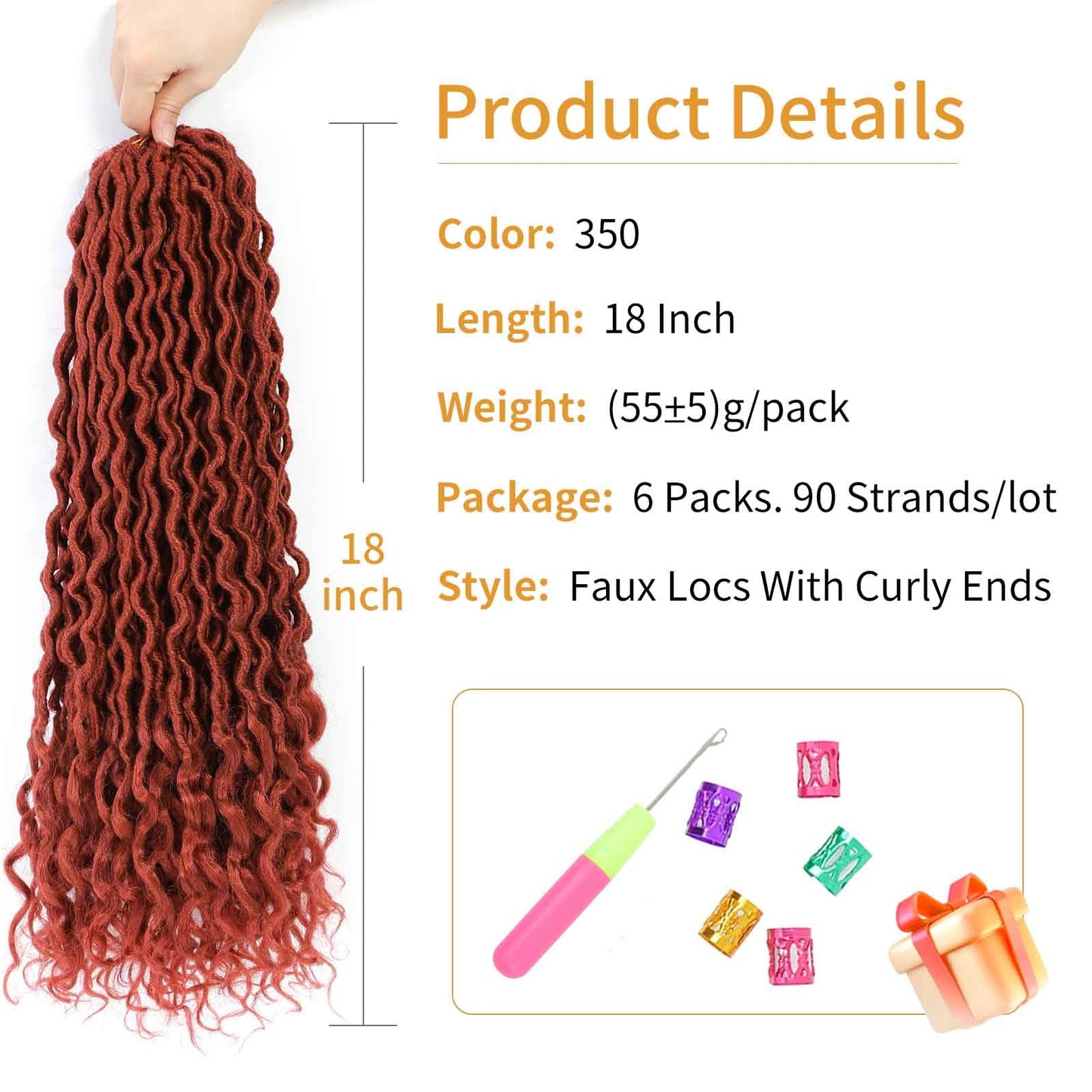 Ginger Goddess Locs Crochet Hair 18 Inch 6 Packs Pre Looped Goddess Faux Locs Crochet Hair For Black Women Soft Crochet Goddess Locs With Curly Ends(350#, 18 Inch, 6 Packs)