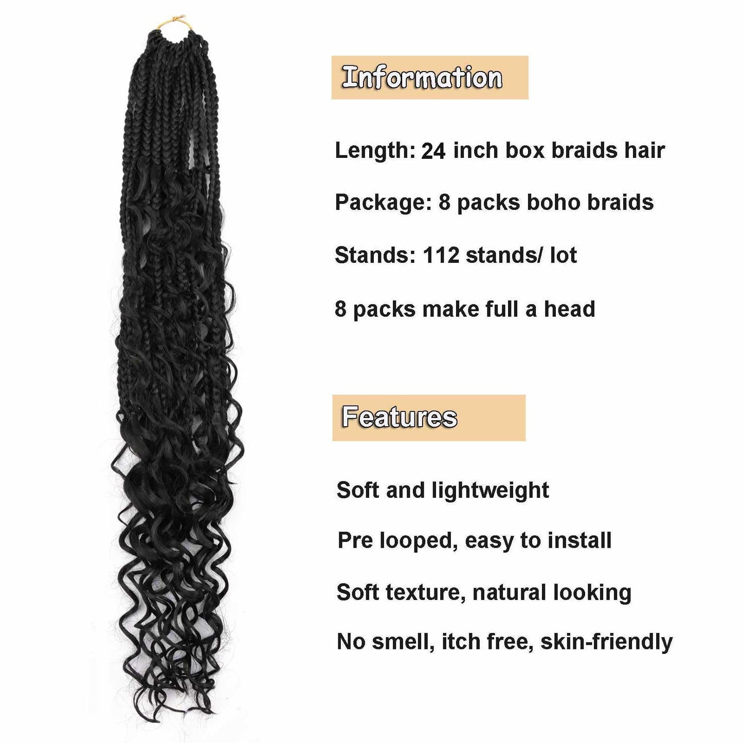 8 Packs Crochet Box Braids with Curly Ends 24 Inch Boho Braids Bohemian Box Braid Hair Goddess Box Braids Crochet Hair for Women (1B, 24 inch 8 pack)