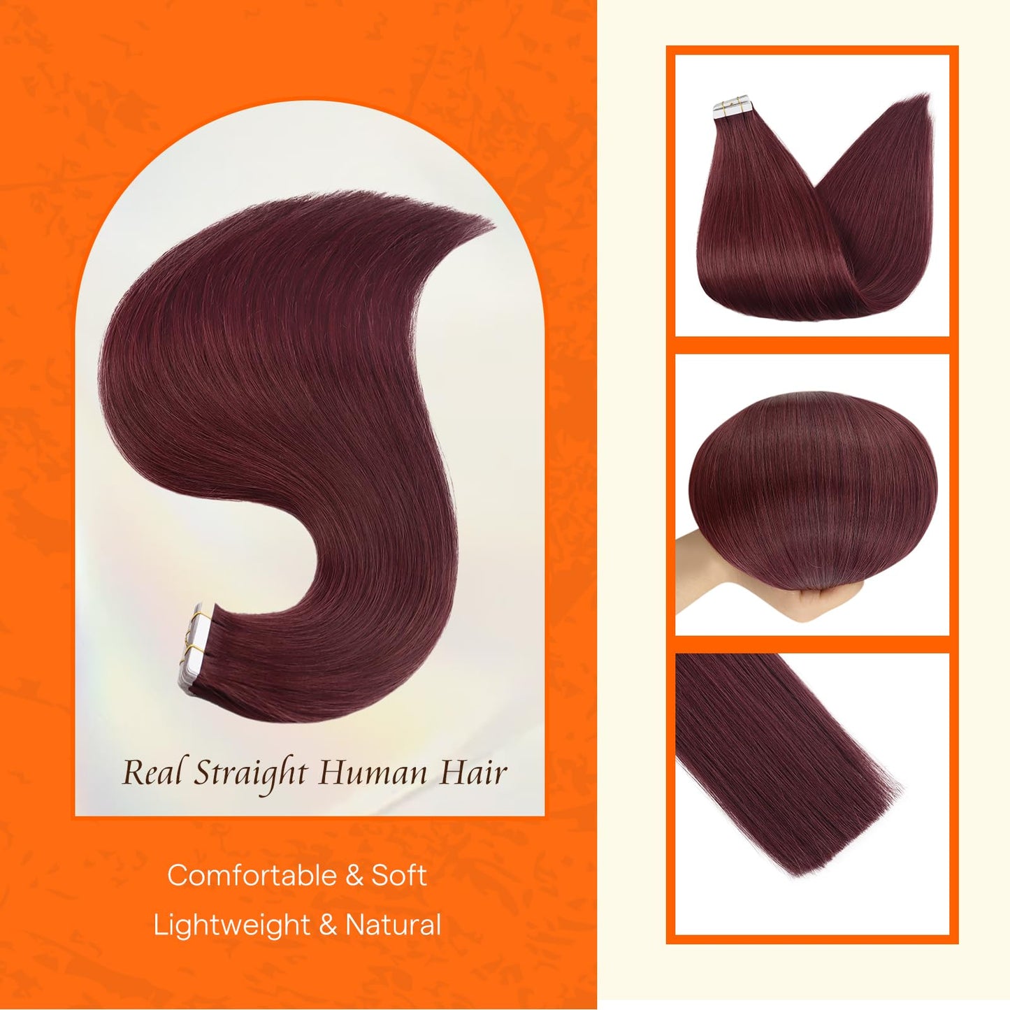 Full Shine Tape in Hair Extensions Human Hair 20PCS Seamless Remy Tape in Extensions Color 99J Red Wine Double Sided Natural Human Hair Burgundy Hair Extensions Tape Ins 12 Inch 30g