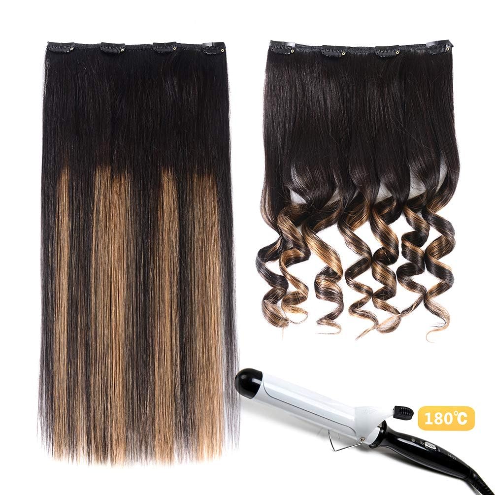 5 Pieces 14" Remy Clip in Hair Extensions Human Hair Natural Black to Chestnut Brown Highlight Black Ombre - Silky Straight Short Thick Real Hair Extensions for Women (14 inches, #(1BT6) P1B, 70grams)