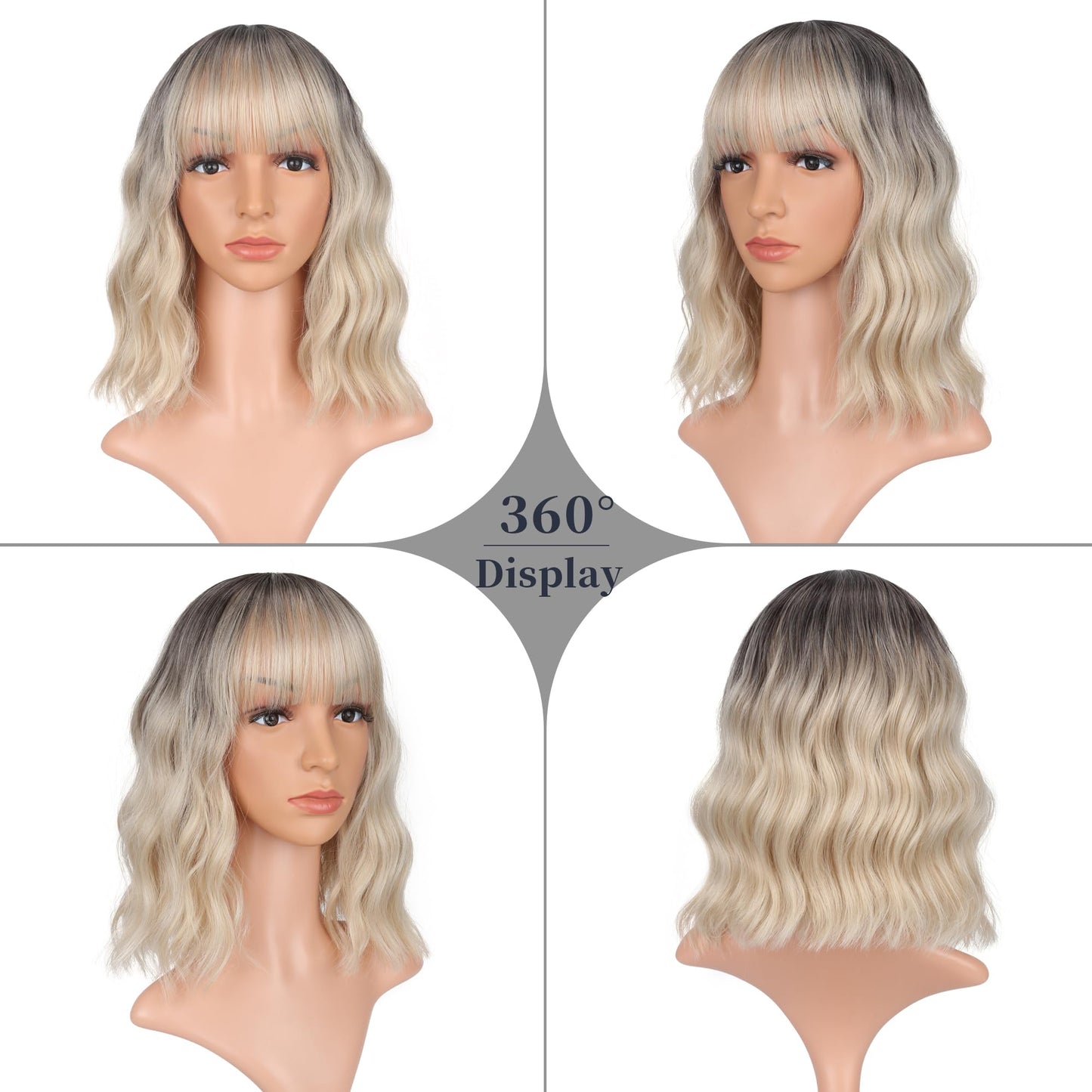 VCKOVCKO Bob Wig - Black-gold Gradient, Wavy, Air Bangs, Shoulder Length, Synthetic, Pastel for Women (12")