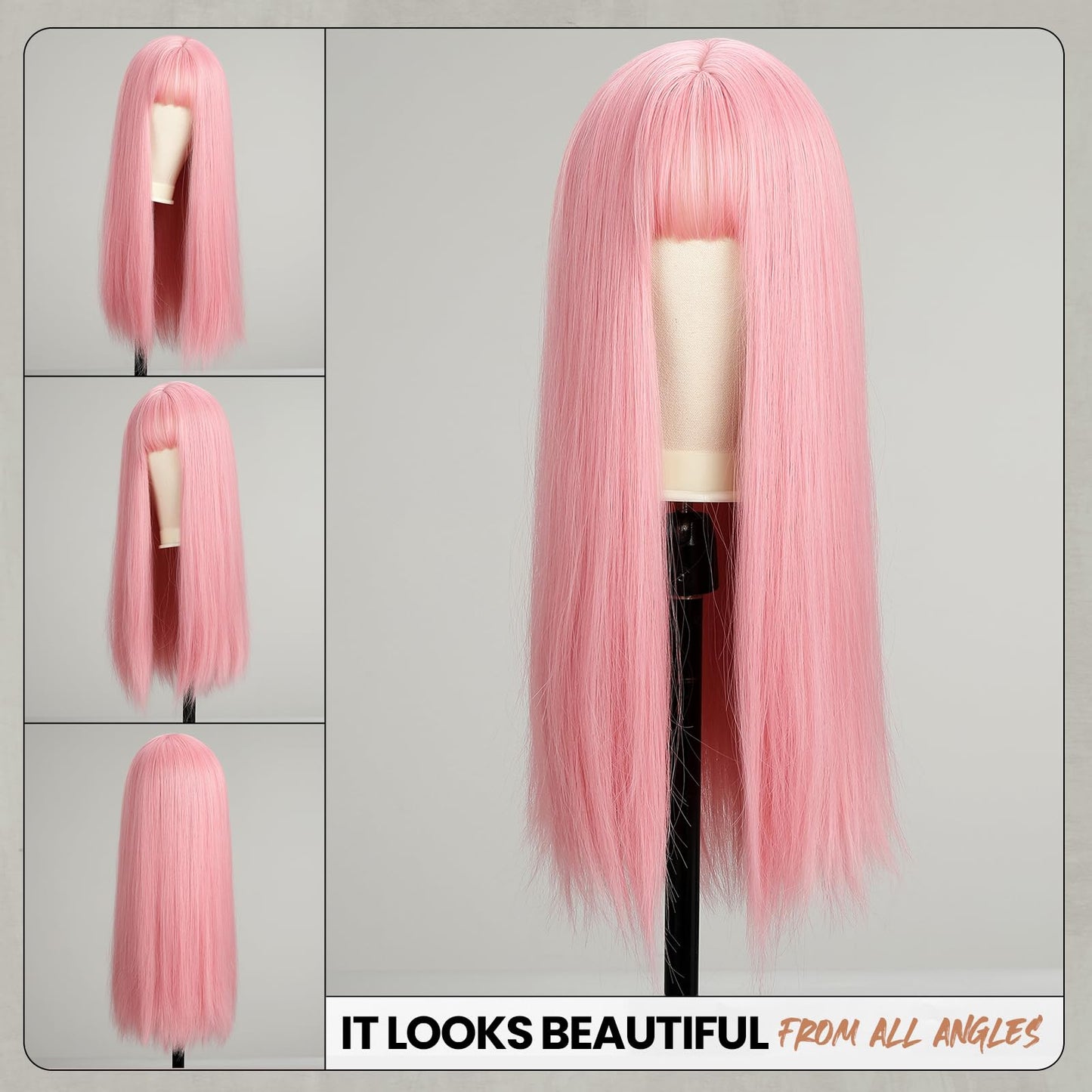 EMMOR Pink Wig With Bangs For Women Long Straight Wigs Synthetic For Girls Party Halloween Cosplay And Daily Use(26" Light Pink)