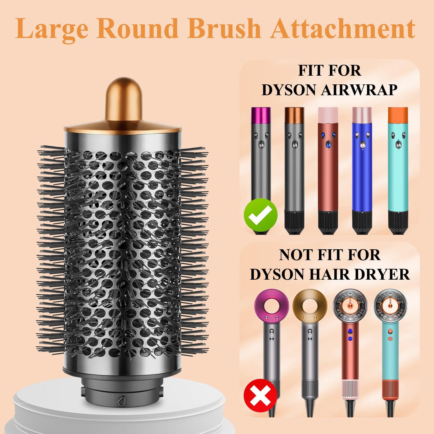YTCHYYSK Large Round Volumizing Brush for Dyson Airwrap Attachments, Nickel/Copper, Bigger Oval Volumizer for Fluffy Styling