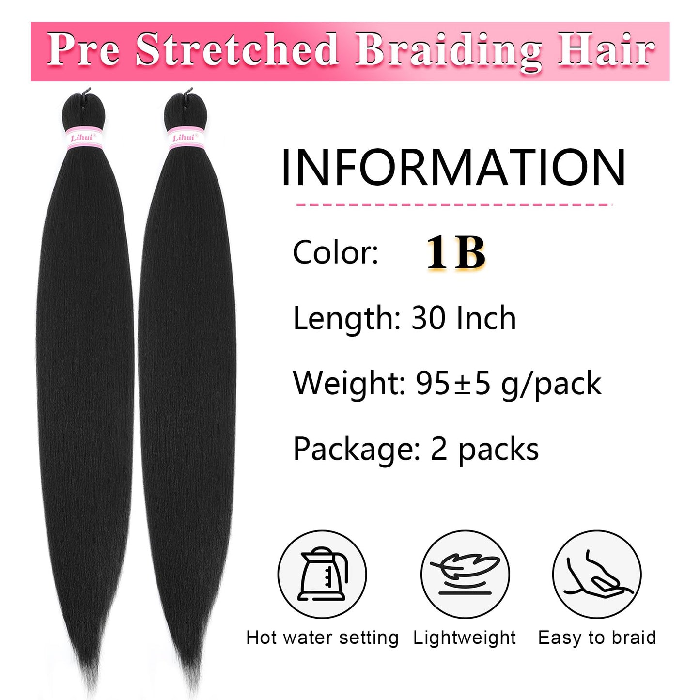 Black Braiding Hair Pre Stretched 30 Inch 2 Packs 1B Braiding Hair Professional Yaki Straight Braiding Hair for Box Braids Crochet Braids(1B, 2 Packs, 30 Inch)