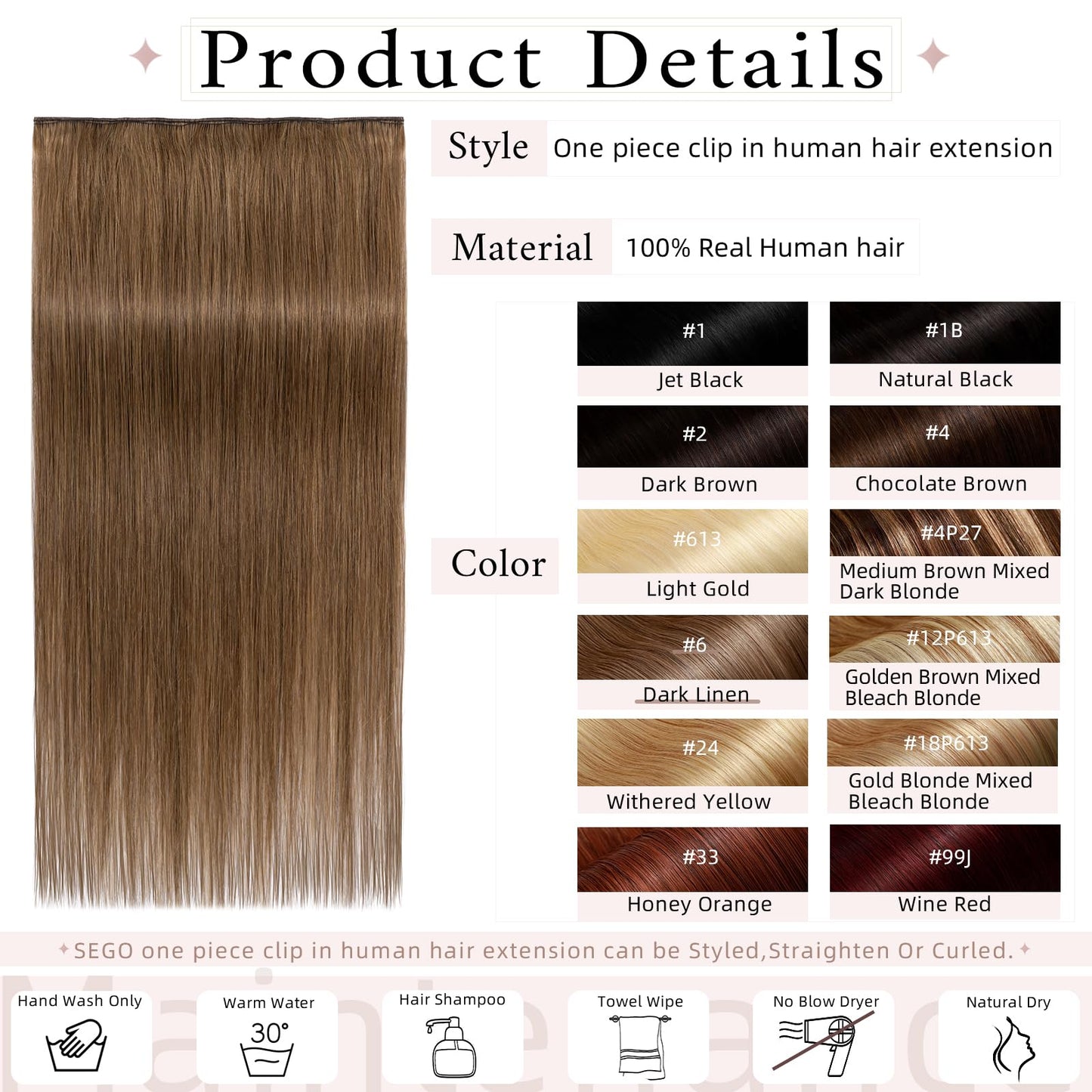 SEGO One Piece Clip in Extensions, 5 Clips Real Human Hair Extensions, Long Straight, 10 inches, #06 Light Brown