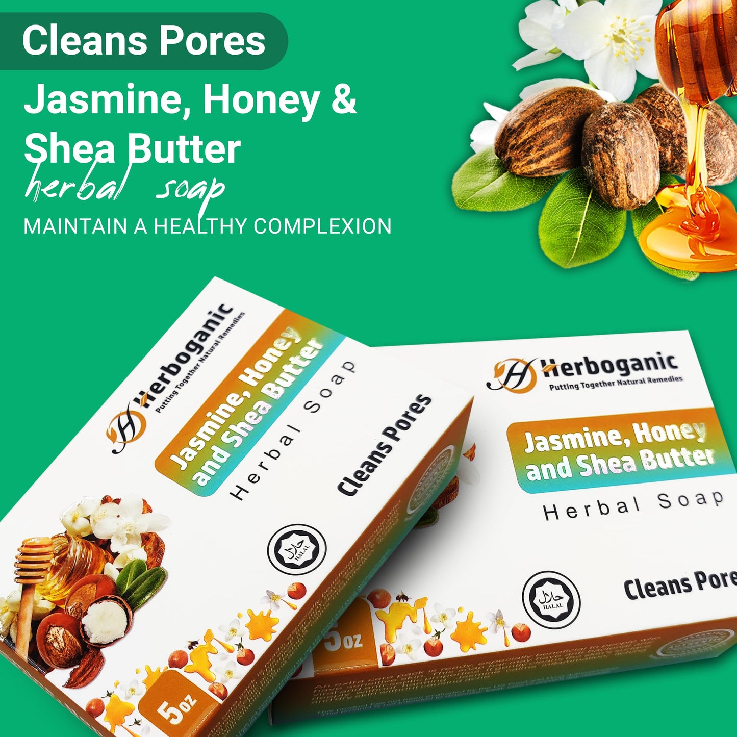 HERBOGANIC Jasmine Honey and Shea Butter Herbal Soap | Pack of 3 of 5oz soap Bar | Natural Bar Soap for Face and Body | Hydrating and Nourishing | Suitable for Men and Women