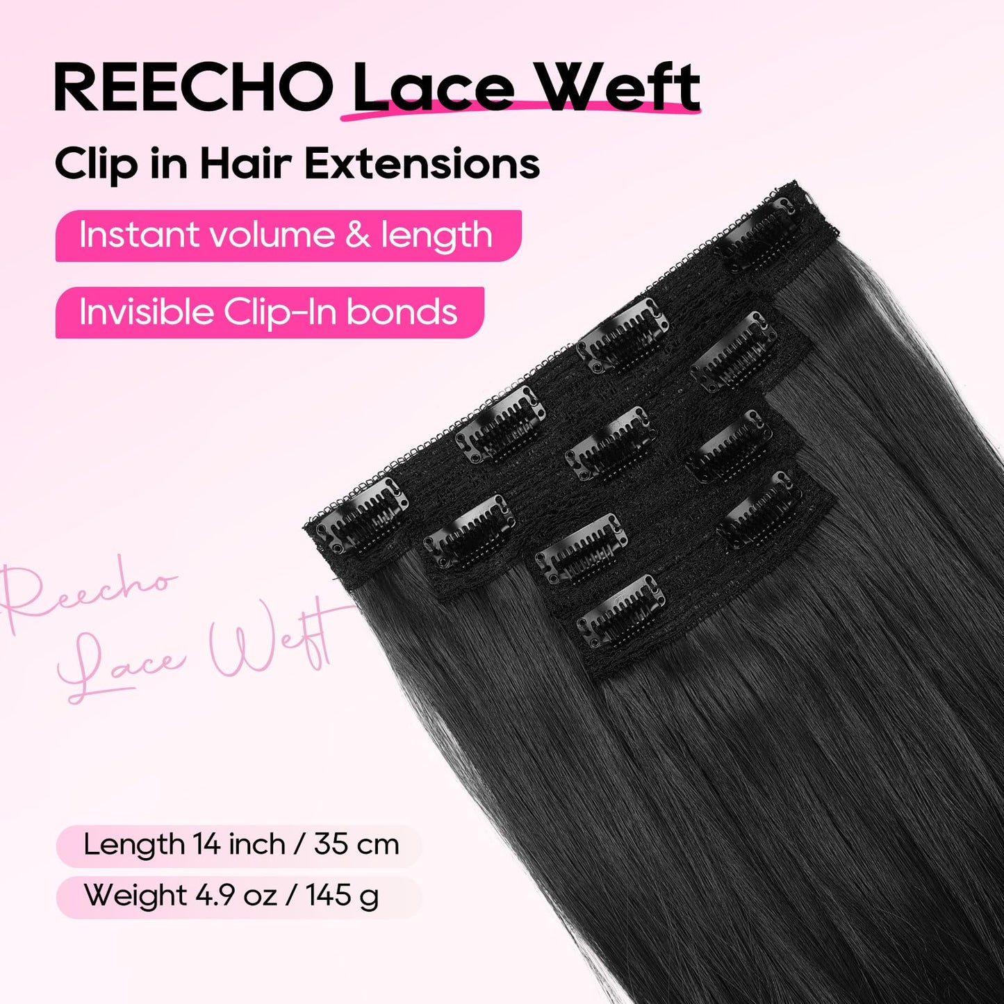 REECHO Clip-in Hair Extensions, 4PCS Lace Weft 14" Short Wavy Hair Pieces - Invisible, Natural Soft, Black