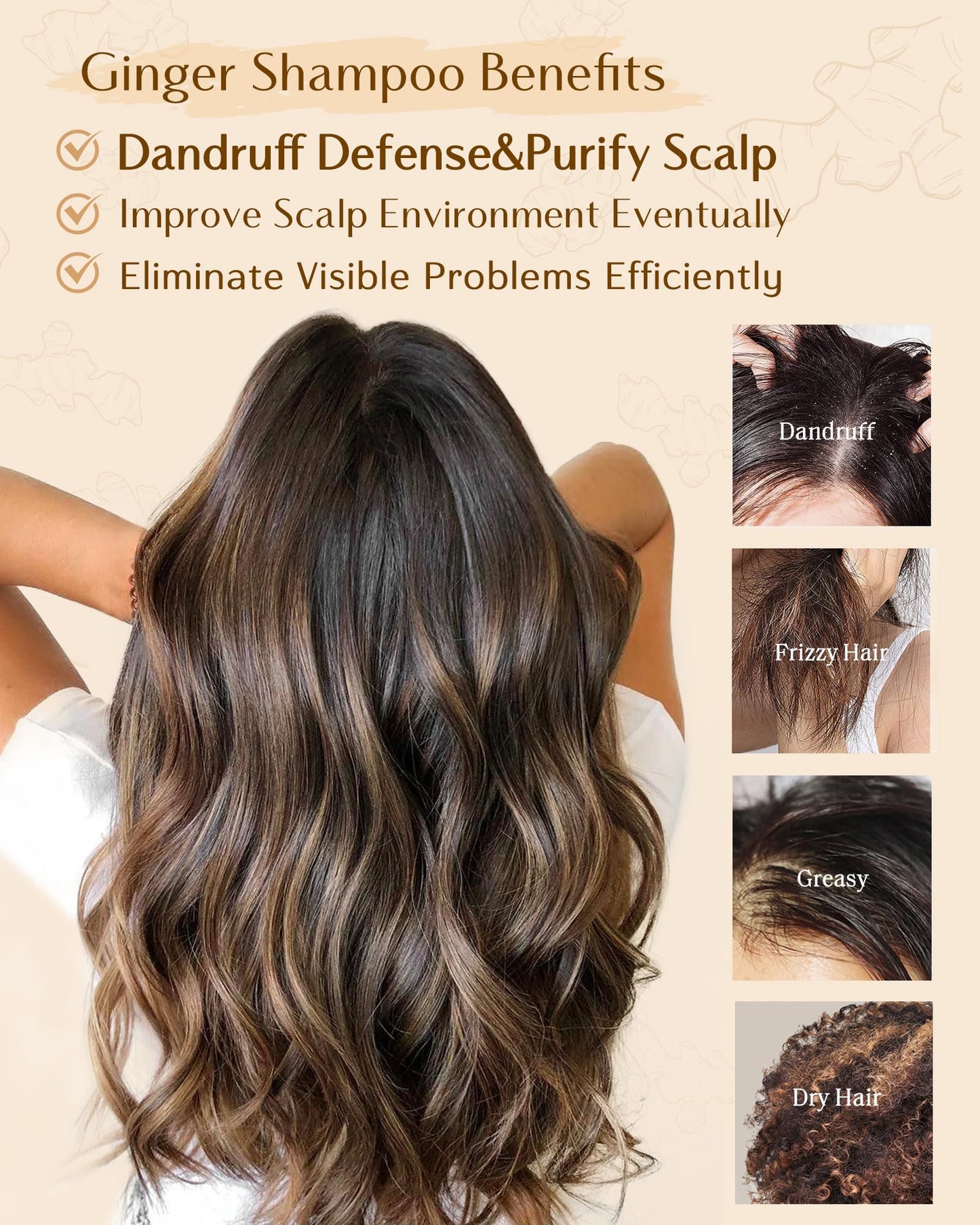 YANIBEST Anti-Dandruff Ginger Shampoo - Natural Organic Formula to Improve Scalp Environment, Clarify, Strengthen, Moisturize - Itch-Free