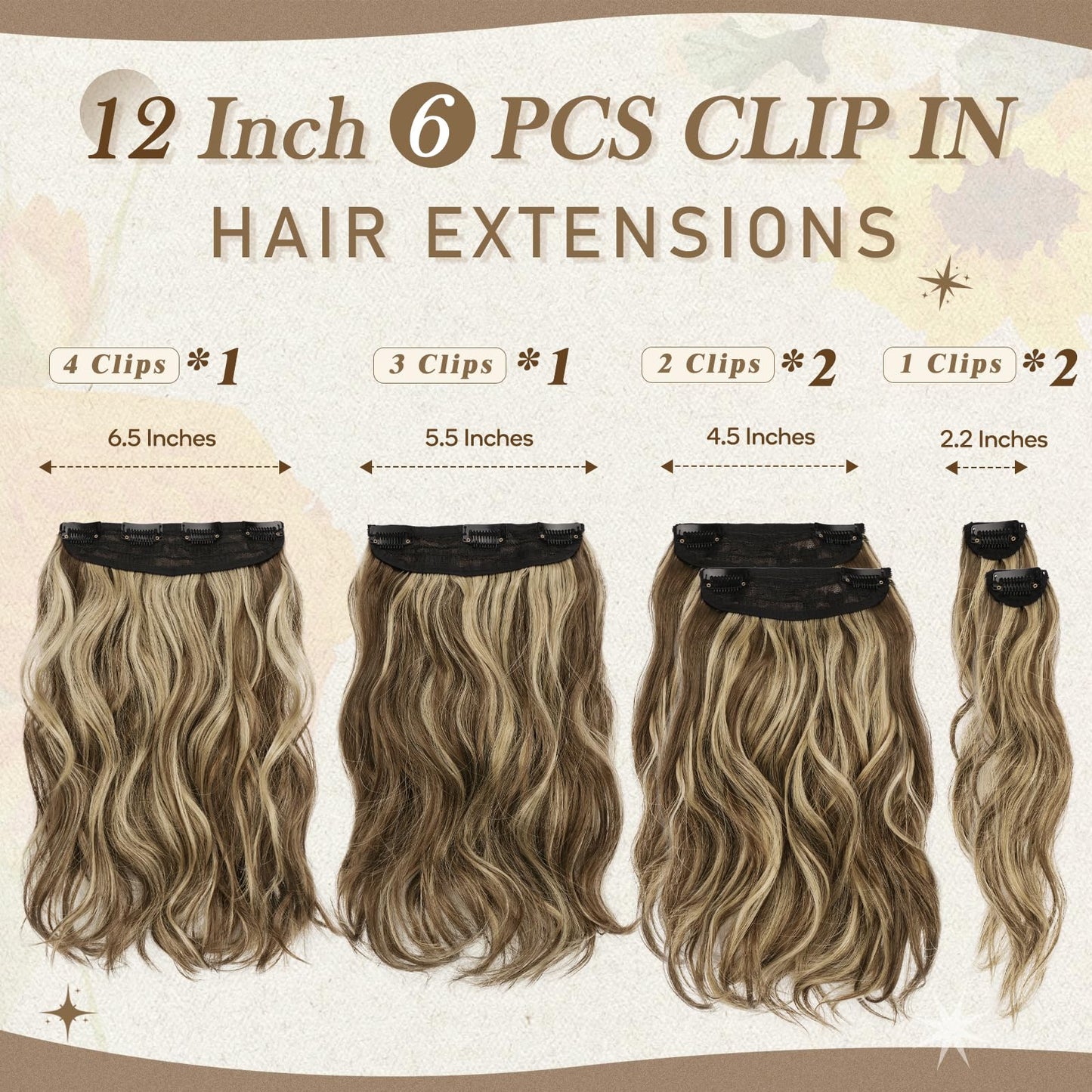 BARSDAR Highlight Clip in Hair Extensions - 12 Inch Short Wavy Synthetic Clip in Hairpieces for Women - 6PCs Full Head Thick Daily Party Medium Brown & Blonde