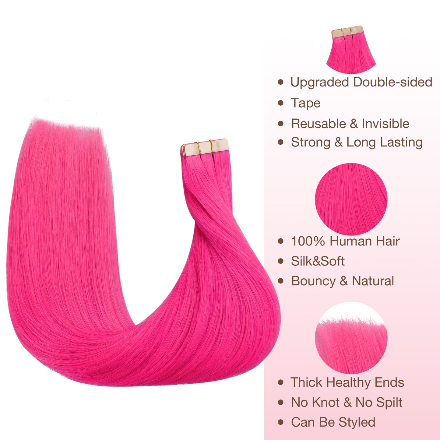 GOO GOO Tape in Hair Extensions Human Hair, Pink, 18inch 25g 10pcs, Colored Tape ins Human Hair Extensions, Silky&Soft Invisible Tape Ins, Hair Highlighted for Party
