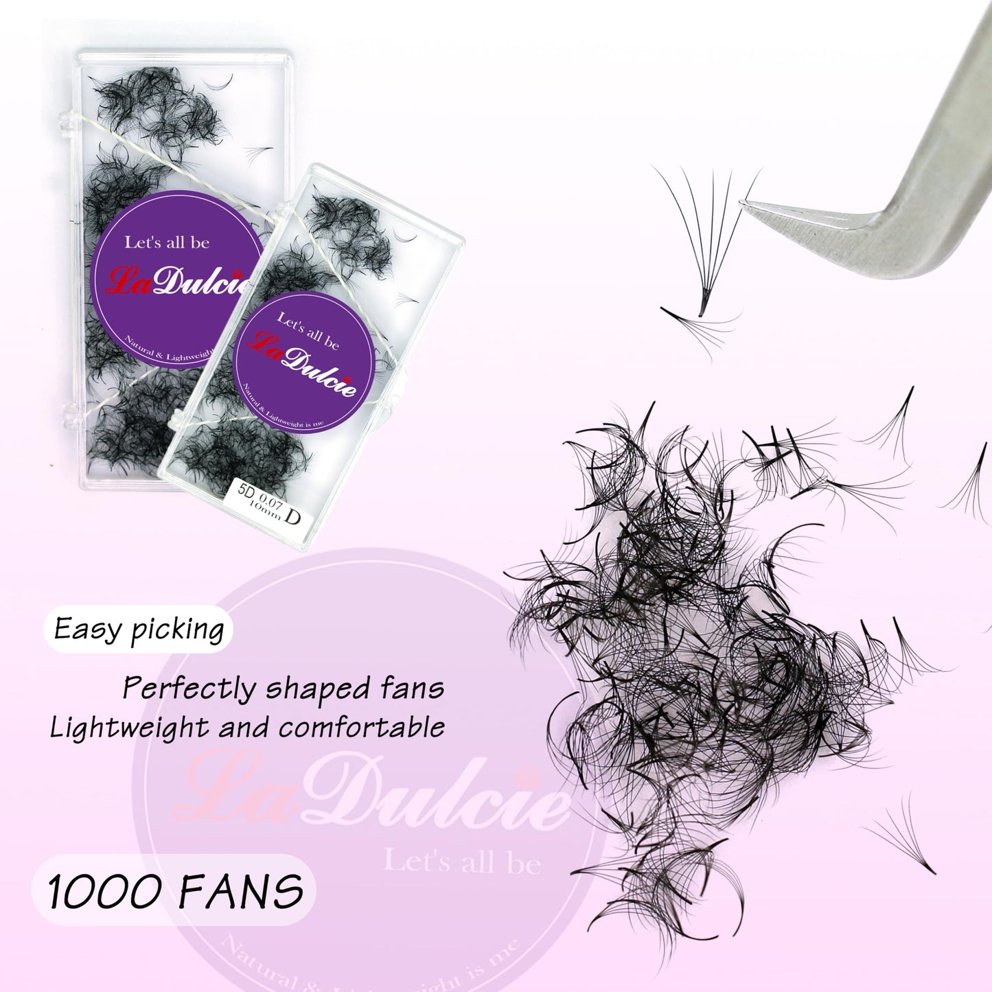 LaDulcie 1000 fans/box. Loose fans handmade pre fans volume eyelash, 0.07, thickness, soft, from VietNam (4D D 14mm)