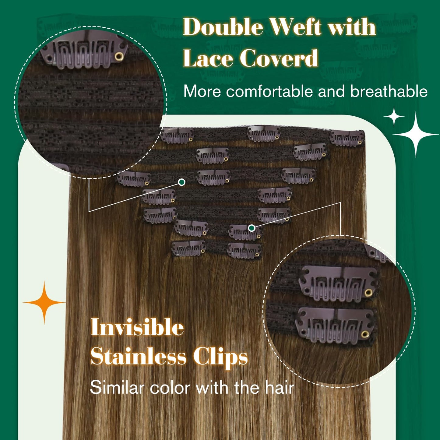 Easyouth Clip in Hair Extensions Real Human Hair Balayage Clip on Hair Extensions for Thick Hair Dark Brown Fading to Caramel Blonde Mix Brown for Long Straight Hair 22In 120G 7Pcs