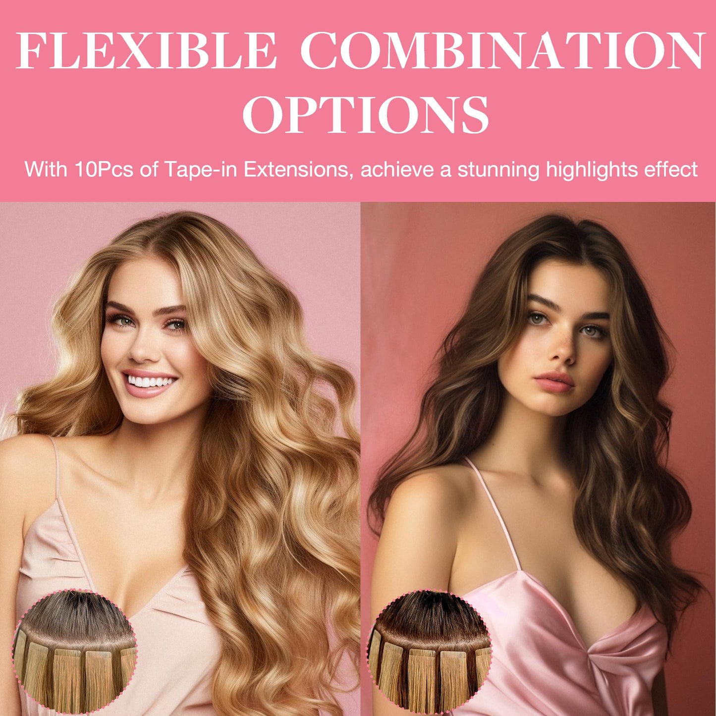 GOO GOO Tape in Hair Extensions Human Hair, Dark Brown Highlighted Chestnut Brown, 18inch 25g 10pcs, Thick Ends Straight Seamless, Invisible