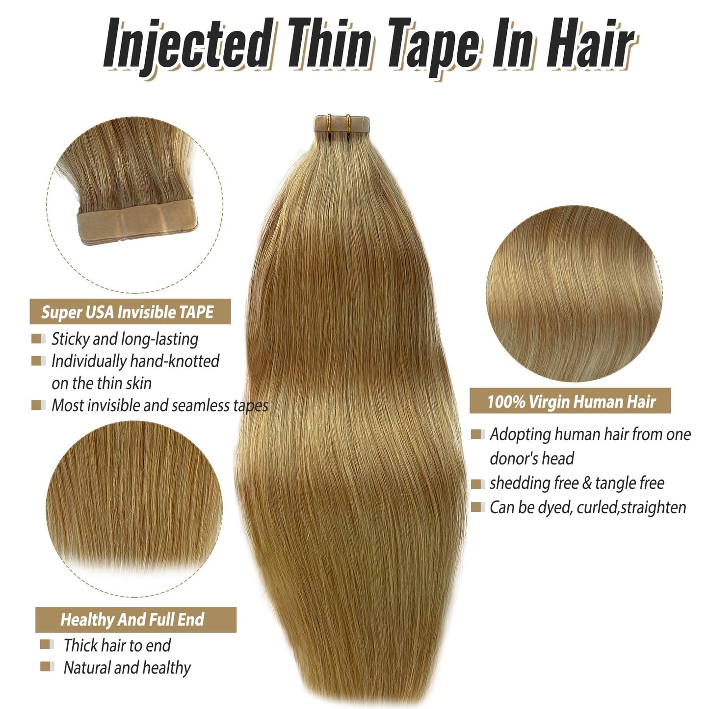 Tape in Hair Extensions Human Hair Double Sided Honey Blonde Invisible Tape in Hair Extensions 20" Seamless Tape ins 20pcs 60g Tape on Real Human Hair Extensions Thick Ends