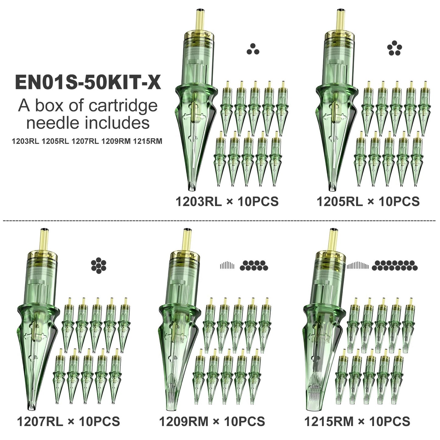 50Pcs Tattoo Needles Assorted, Solong Pro Disposable Tattoo Needles Size #12 Round Liner Round Magnum-10Pcs each of 3RL,5RL,7RL,9RM,15RM Tattoo Cartridge Needles EN01S-50KIT-X