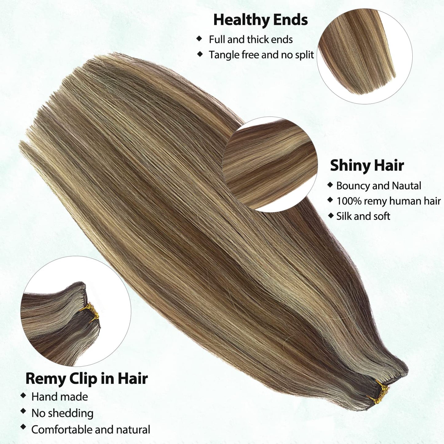 Valiilo Balayage Human Hair Extensions Clip in Remy Human Hair Brown Fading to Dirty Blonde Highlight Real Remy Hair Extensions Clip on Extensions 12inch for White Women 7pcs 70g, 2.4692 Ounce