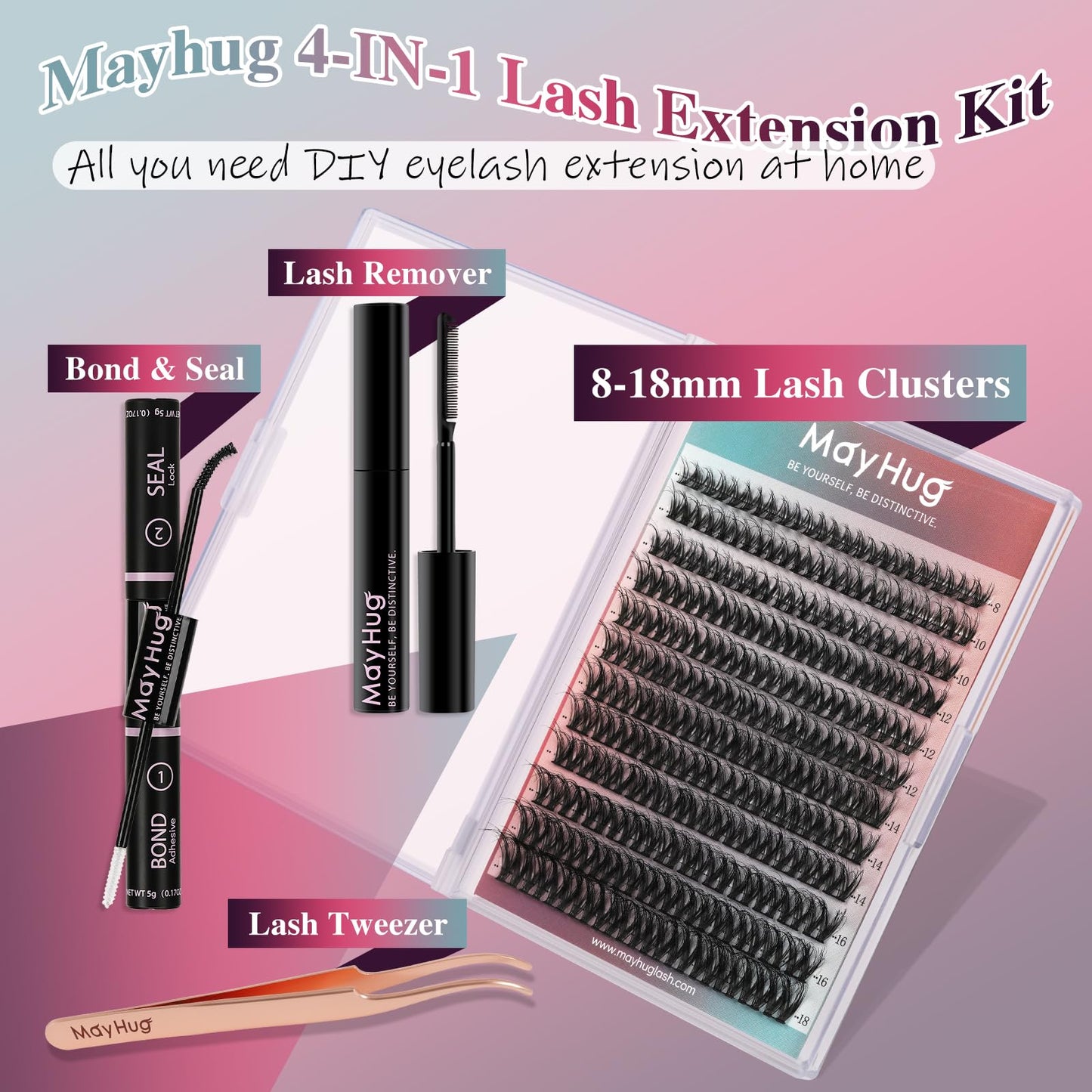 Mayhug Lash Extension Kit 144pcs, 3D Lashes Clusters with 10ml Bond and Seal, 5ml Lash Remover, Lash Tweezers, Easy DIY Cluster Eyelash Extensions Kit at Home (Dreamy Kit)