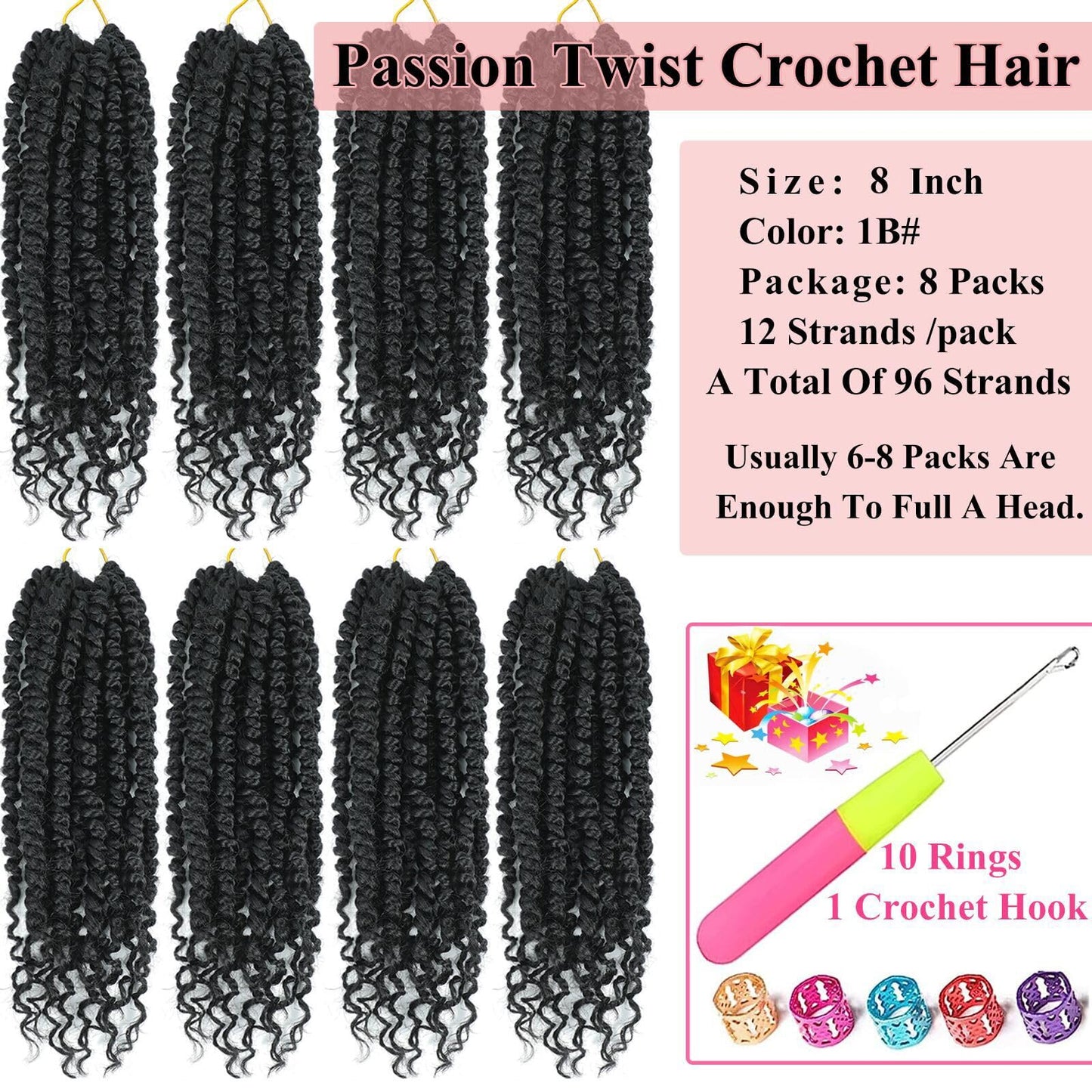 Alrence Passion Twist Crochet Hair 8 Packs Pre twisted Passion Twist Hair For Women Soft Bohe Pre-looped Crochet Braids (8 Inch (Pack of 8), 1B#)