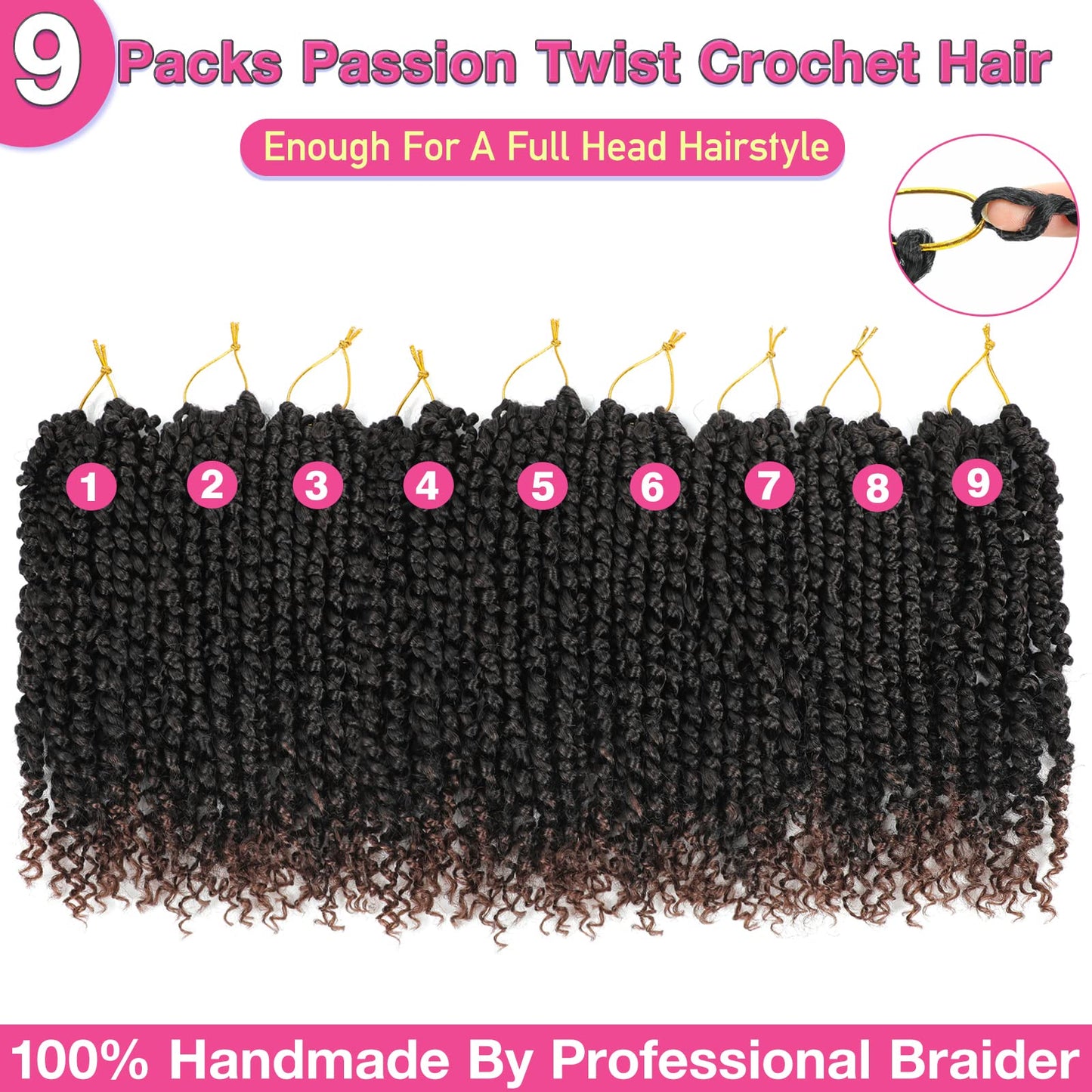 9 Packs Passion Twist Hair 8 Inch Pre-twisted Crochet Bohemian Short Braids for Women Girls and Kids (8Inch,1B/30)