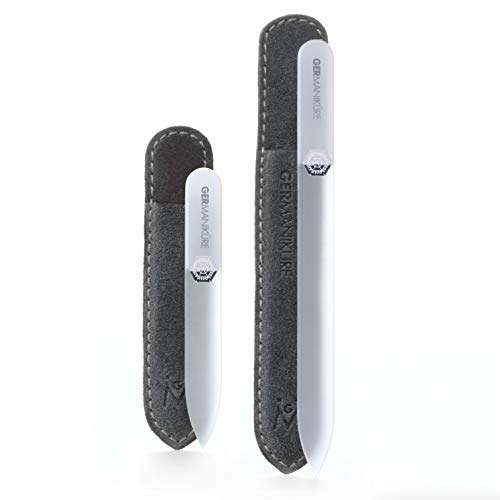 GERMANIKURE 2 Pc Gray Glass Nail File Set with Suede Sleeves - Fingernail File & Small Travel Nail File - Professional Manicure & Pedicure Kit for Natural Nails - Ethically Made in Czech Republic