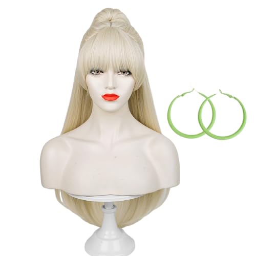 Long Blonde Wig for Women, Light Blonde Straight Wig with Ponytail Bangs, Synthetic Hair Wig + Wig Cap for Halloween Costume Party Cosplay