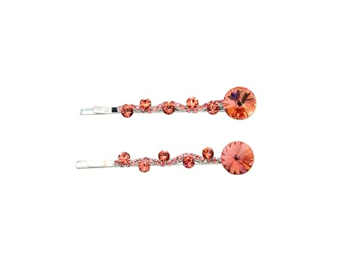 Faship A Pair Of Coral Premium Rhinestone Crystal Floral Hair Clips 2 Pcs Pins - Coral
