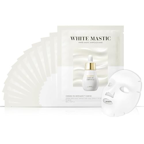 MASTINA White Mastic Ampoule Sheet Mask Pack of 12- Illuminating. Ultra-Moisturizing Facial Mask. Intensive Korean Skin Care. Fermented Mastic Gum