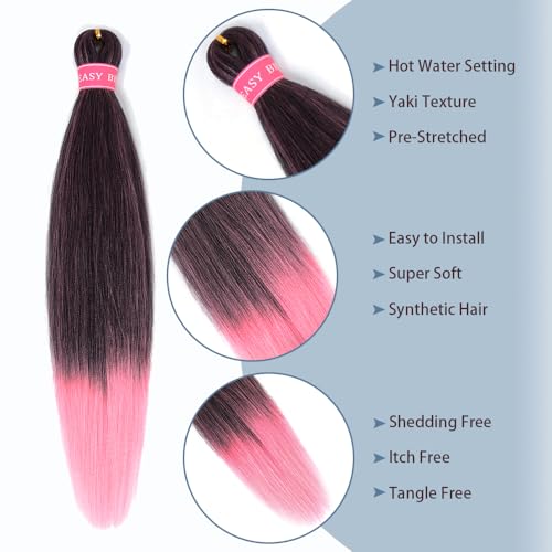 ZERAL Braiding Hair Pre Stretched 26 Inch 3 Packs Braiding Hair Professional Itch Free Yaki Texture Hair Extensions for Braids Synthetic Hair Braiding for Women and Girls (1B/Pink#)