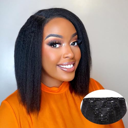 Yargel Hair 12 Inch 1 Pack Kinky Straight Clip in Hair Extensions for Black Women Yaki Straight Clip ins Full Head Seamless Synthetic Hair Pieces(7 Pcs/Set 16 Clips)