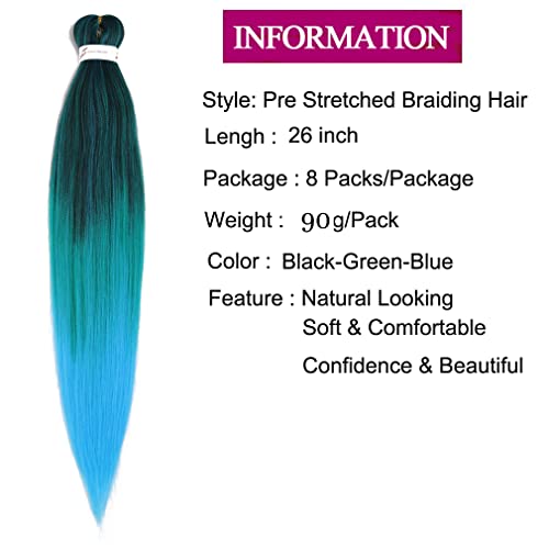 Pre Stretched Braiding Hair 26 Inch 8 Packs Professional Braiding Hair Extensions Synthetic Fiber Crochet Twist Braids Hot Water Setting Soft Yaki Texture(26",mixed black & green & blue)