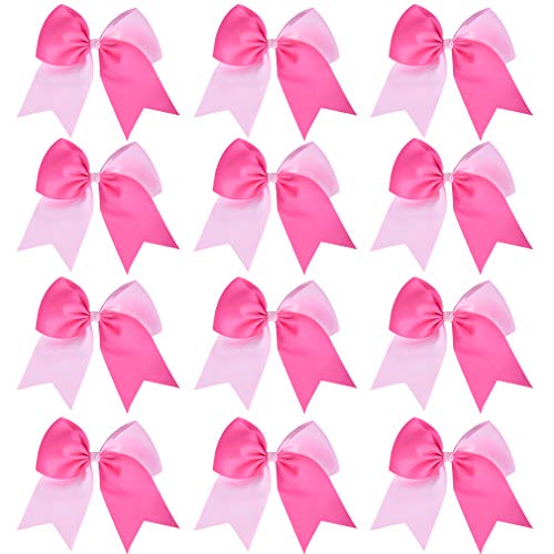 DEEKA 12PCS 8" Two Toned Large Cheer Hair Bows Ponytail Holder Handmade for Teen Girls Softball Cheerleader Sports-Light Pink/Bright Pink