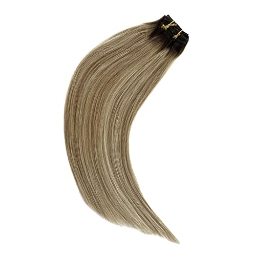 Human Hair Clip in Hair Extensions Balayage Hair Extensions Brown Mixed Blonde 18inch Real Remy Hair Extensions Clip ins Extensions Straight Silky Blonde Highlights Remy Hair 7pcs 70g
