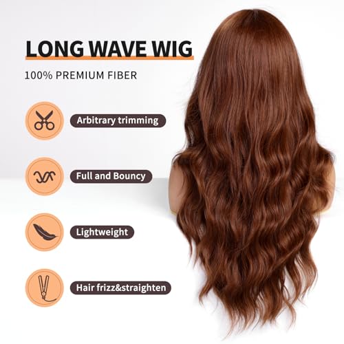 KOME Auburn Wigs with Bangs,Copper Red Long Wavy Wig for Women,Long Curly Synthetic Hair Wig for Party Daily Use 24IN