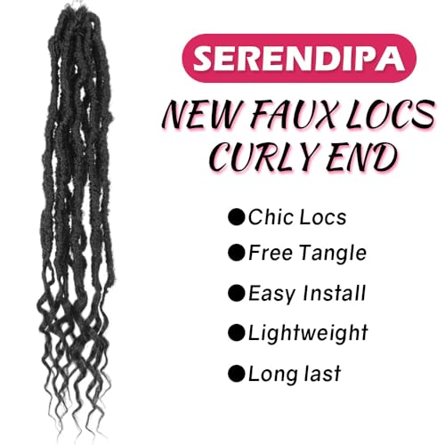 SERENDIPA Boho Faux Locs Curly End, 18 Inch Long Pre-Looped Soft Crochet Goddess Locs Synthetic Hair (6 Packs, 1B, Natural Black)