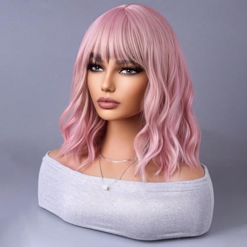 WTHCOS Short Pink Wig With Bangs for Women - Curly Wave Synthetic Shoulder Length Bob Cosplay Colored Wig