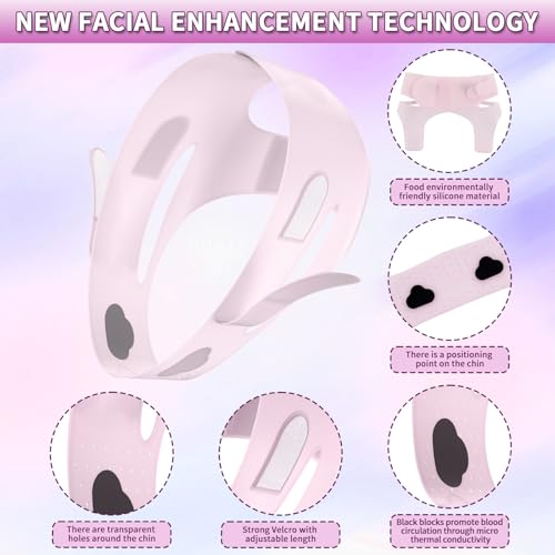 Upgrated V-silicone Face Lift Tape Face Strap,Soft Silicone Chin Strap for Women 23-27 Inches,Chin Strap For Sleeping (Pink)