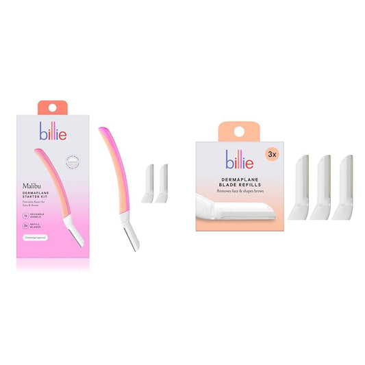 Billie Dermaplane Starter Kit - Reusable Handle + 3 Blades - Remove Facial Hair, Shape Brows + Refill Blades (3 Count)