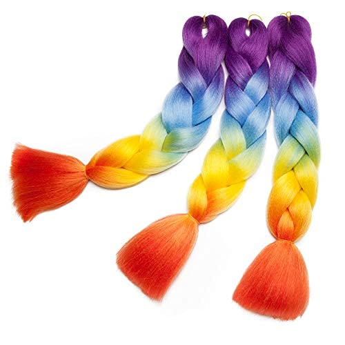 24" Ombre Jumbo Braiding Hair Extensions Jumbo Braid Hair Ombre Long Jumbo Braids For Box Twist Braid Crochet Hair High Temperature 4 Tone Colored (3 Bundles, Purple to Blue to Yellow to Orange)