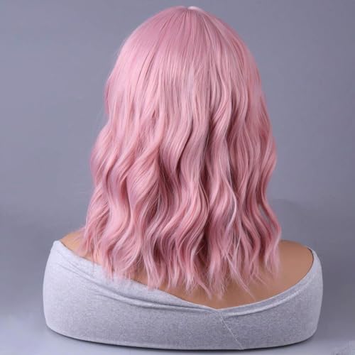 WTHCOS Short Pink Wig With Bangs for Women - Curly Wave Synthetic Shoulder Length Bob Cosplay Colored Wig