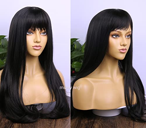 MSMYRNS Black Wig With Bangs Long Wavy Curly Glueless Fringe Unit Heat Resistant Synthetic Middle Part Full Machine Made No Lace Scalp Wig Costume Cosplay Hair Replacement Wig Girls Daily Use