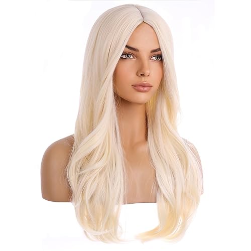 BERON Blonde Wigs for Women Girls Long Curly Wavy Wig Light Blonde Middle Part Hair Wig Heat Resistant Synthetic Fiber for Cosplay or Daily Use