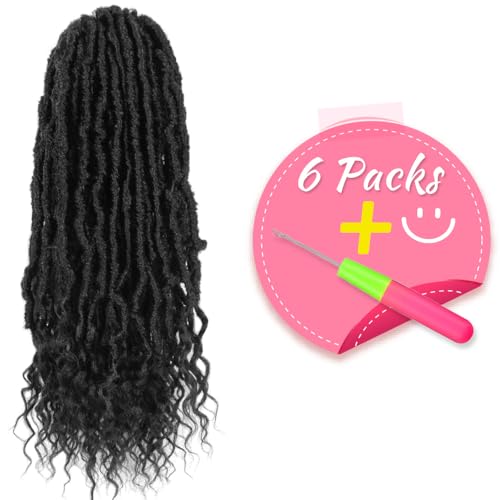 SERENDIPA Boho Faux Locs Curly End, 18 Inch Long Pre-Looped Soft Crochet Goddess Locs Synthetic Hair (6 Packs, 1B, Natural Black)